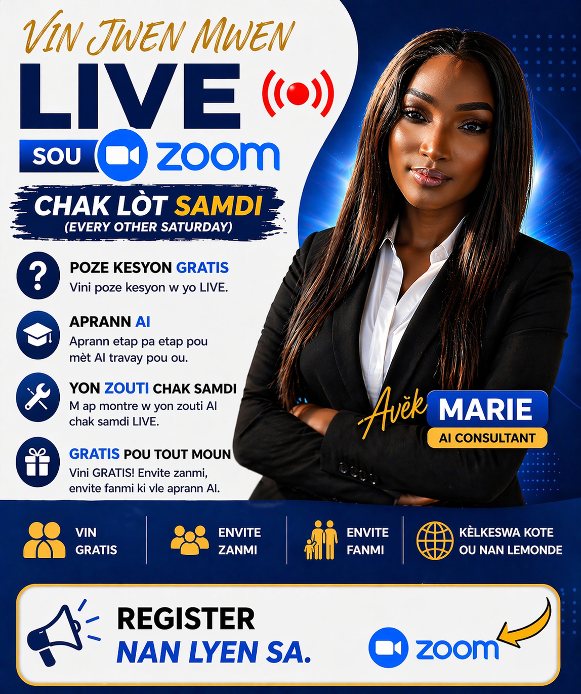 Vin Jwen Mwen LIVE sou Zoom avèk Marie — AI Consultant